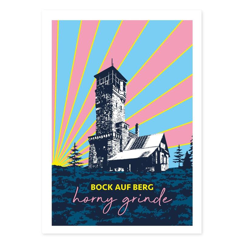Zeichnung des Hornisgrindeturm vor einem Sonnenaufgang in Rosa, hellblau und gelb