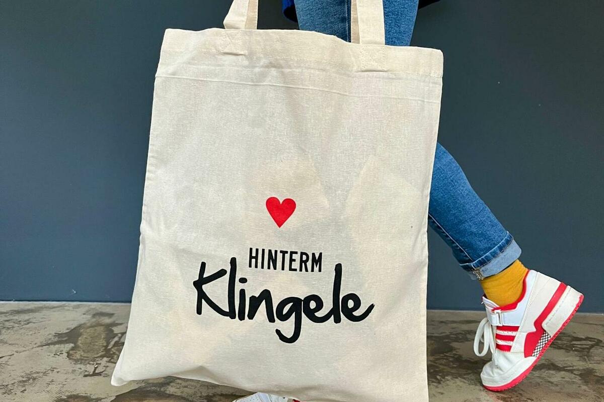 Jutetasche mit Druck "Hinterm Klingele"