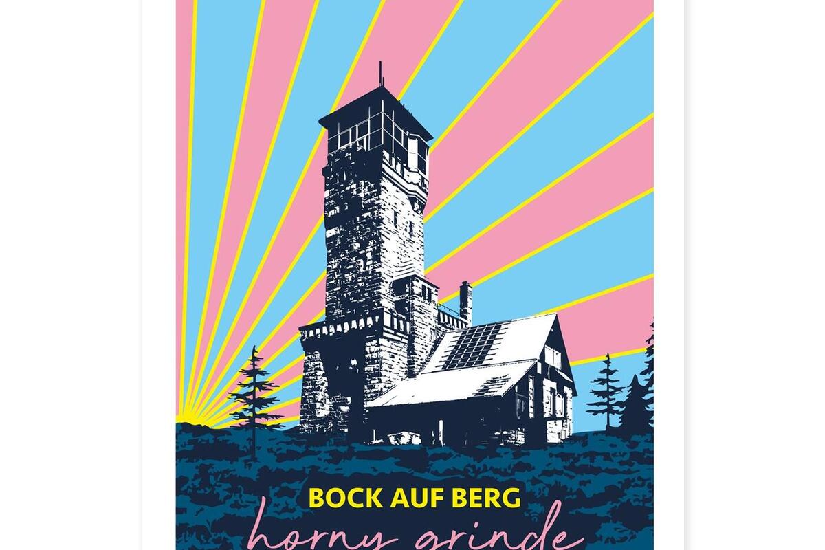 Zeichnung des Hornisgrindeturm vor einem Sonnenaufgang in Rosa, hellblau und gelb