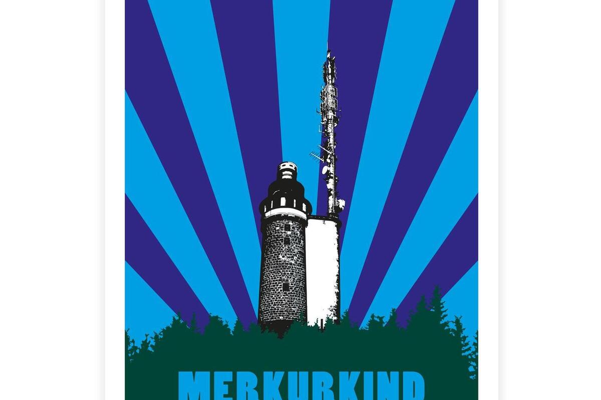 Grafik des Merkurturm mit blauen Sonnenstrahlen im Hintergrund