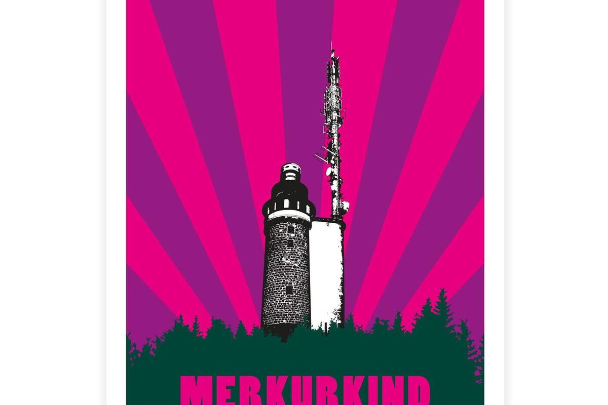Grafik des Merkurturm mit lila und pinkfarbenen Sonnenstrahlen im Hintergrund
